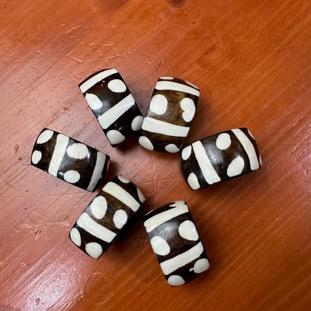 Vintage African Batik Bone Napkin Rings - Set of 6